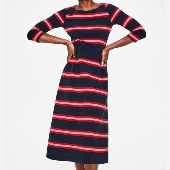 BODEN Alma Ottoman Striped Midi Dress in Navy Poinsettia Size 10 - Picture 1 of 6